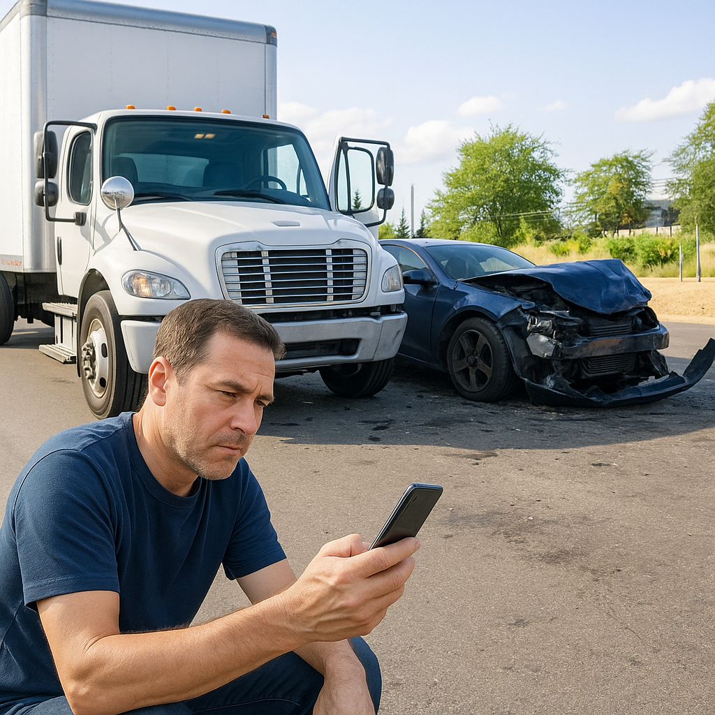 Man calling for help after a truck and car collision in Bella Vista, representing a real-life motor vehicle accident claim scenario.