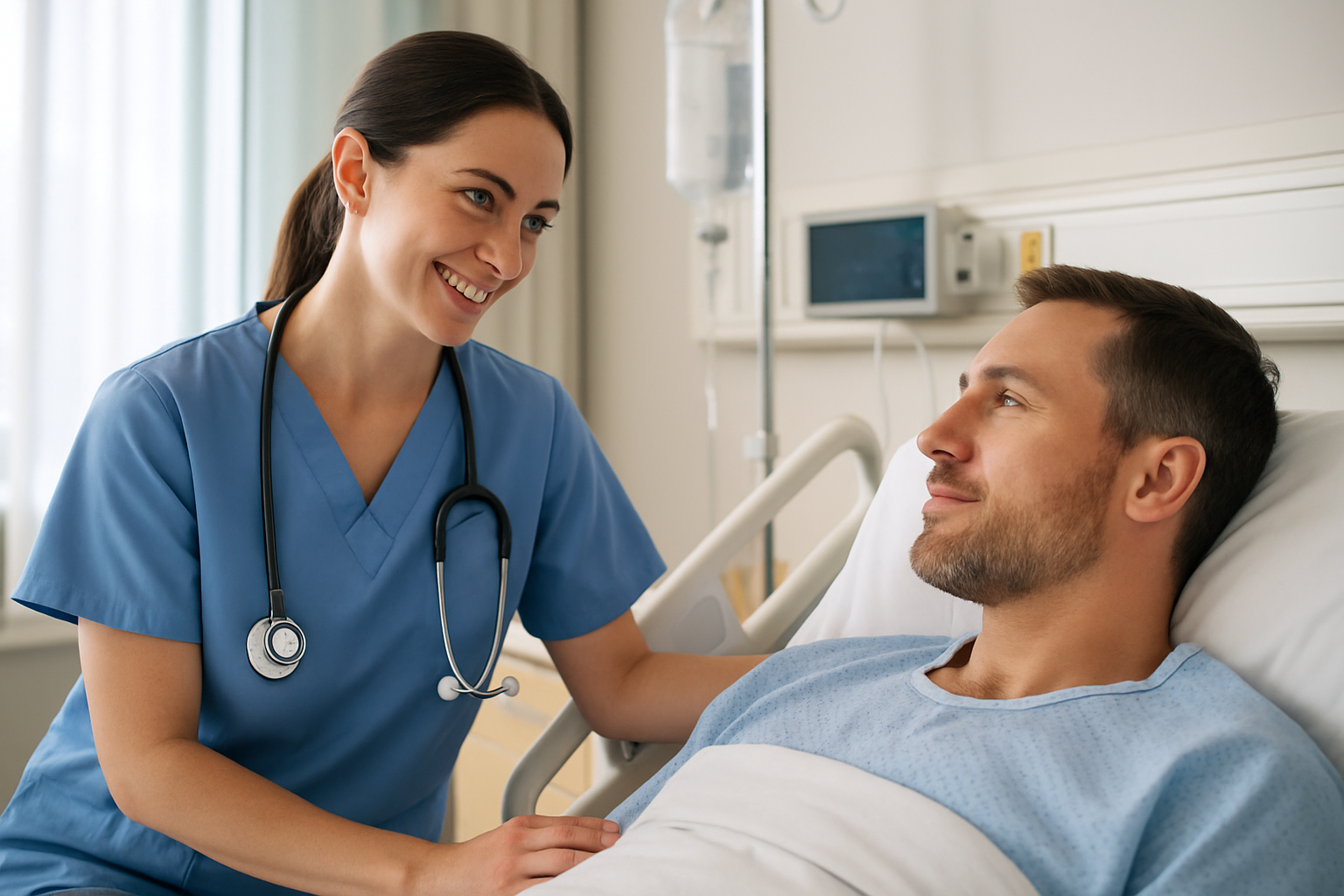 A healthcare professional (female nurse) interacting with a patient in a hospital bed, highlighting the public liability claim process.