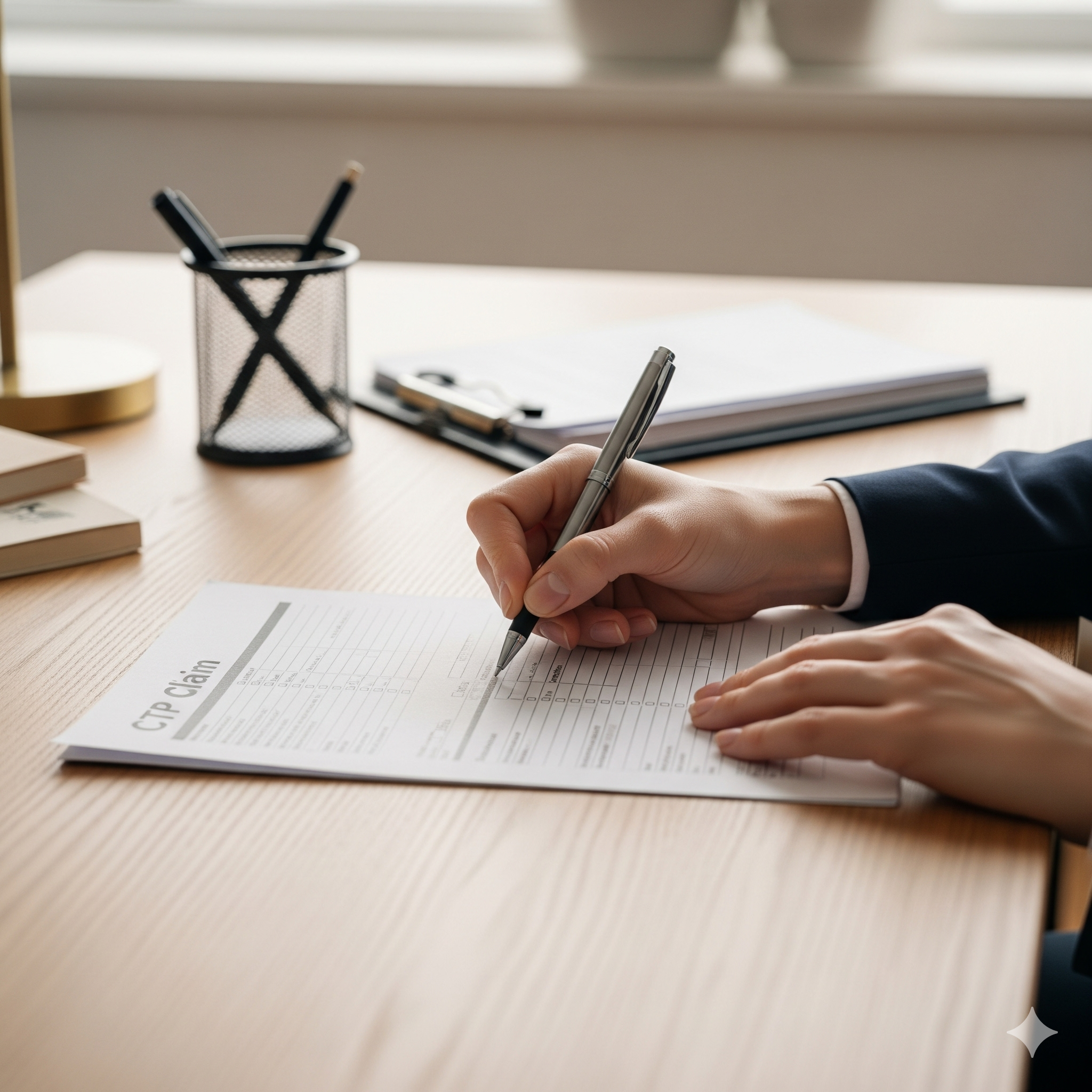 A person diligently completing a CTP Claim form, representing the necessary paperwork in the CTP Claim Process for injuries sustained in a car accident in NSW.