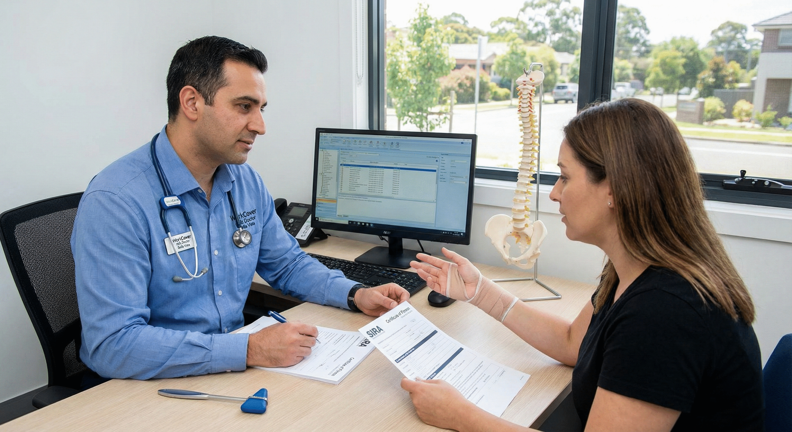 Doctor at WorkCover Hills Doctor in Bella Vista assessing a patient's wrist injury and reviewing medical evidence for a Public Liability Claim