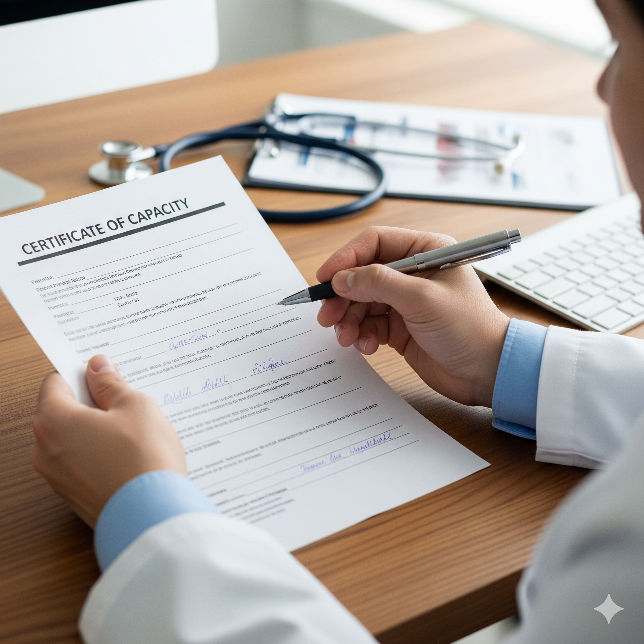 Doctor completing a certificate of capacity form at a clinic desk in NSW, used for workers compensation and return-to-work support.