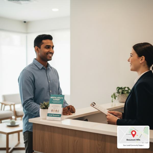 Friendly clinic reception helping a worker with WorkCover stress leave in Beaumont Hills with mental health support flyer and local map marker.
