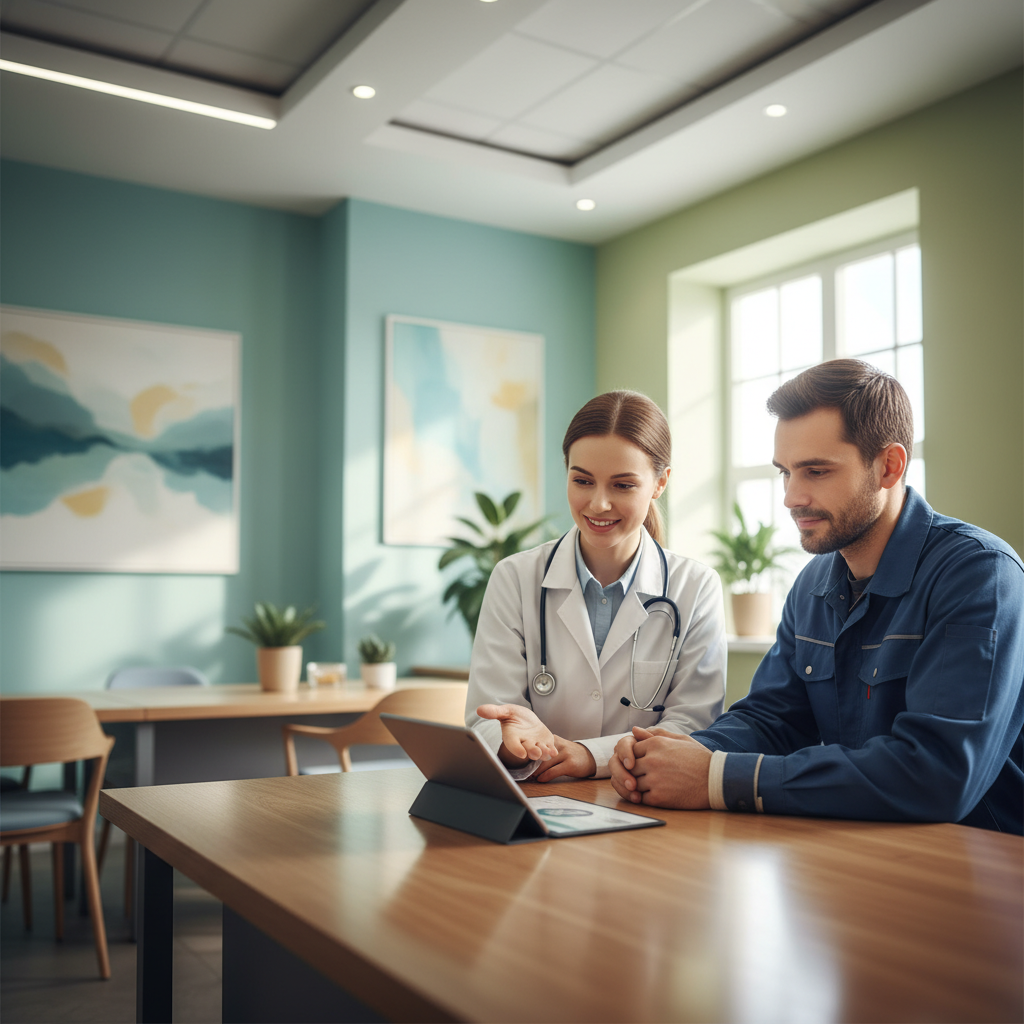 Doctor consulting a patient in a modern clinic offering support for WorkCover insurance and workplace injury recovery