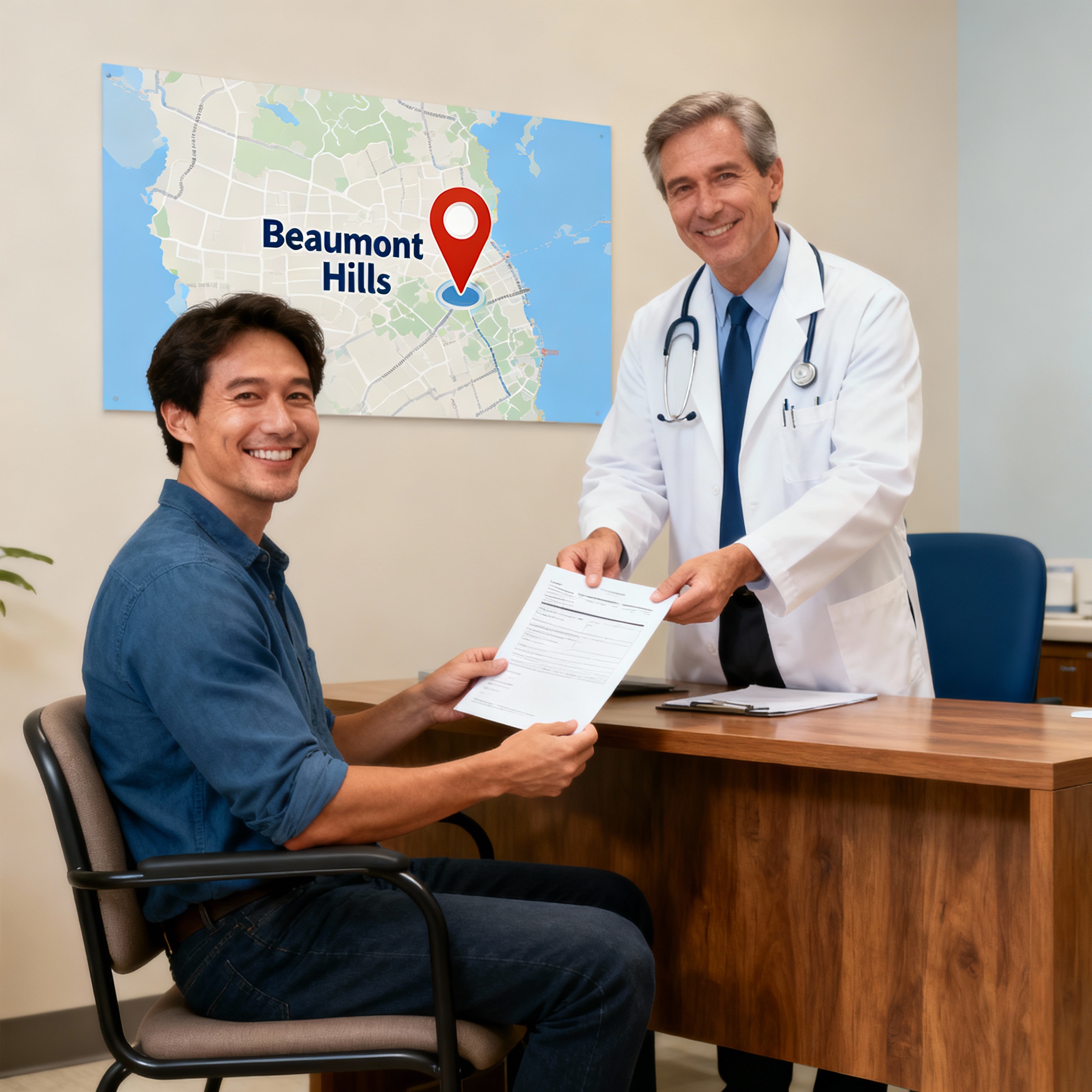 Friendly doctor handing paperwork to patient about WorkCover stress leave claim in Beaumont Hills clinic environment.