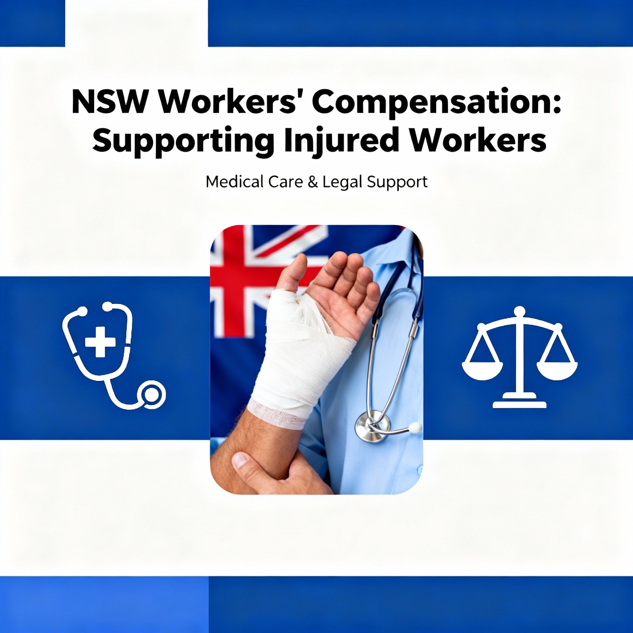 Depiction of injured workers with medical care and legal support icons, featuring the New South Wales flag in the background, symbolizing Workers Compensation NSW.