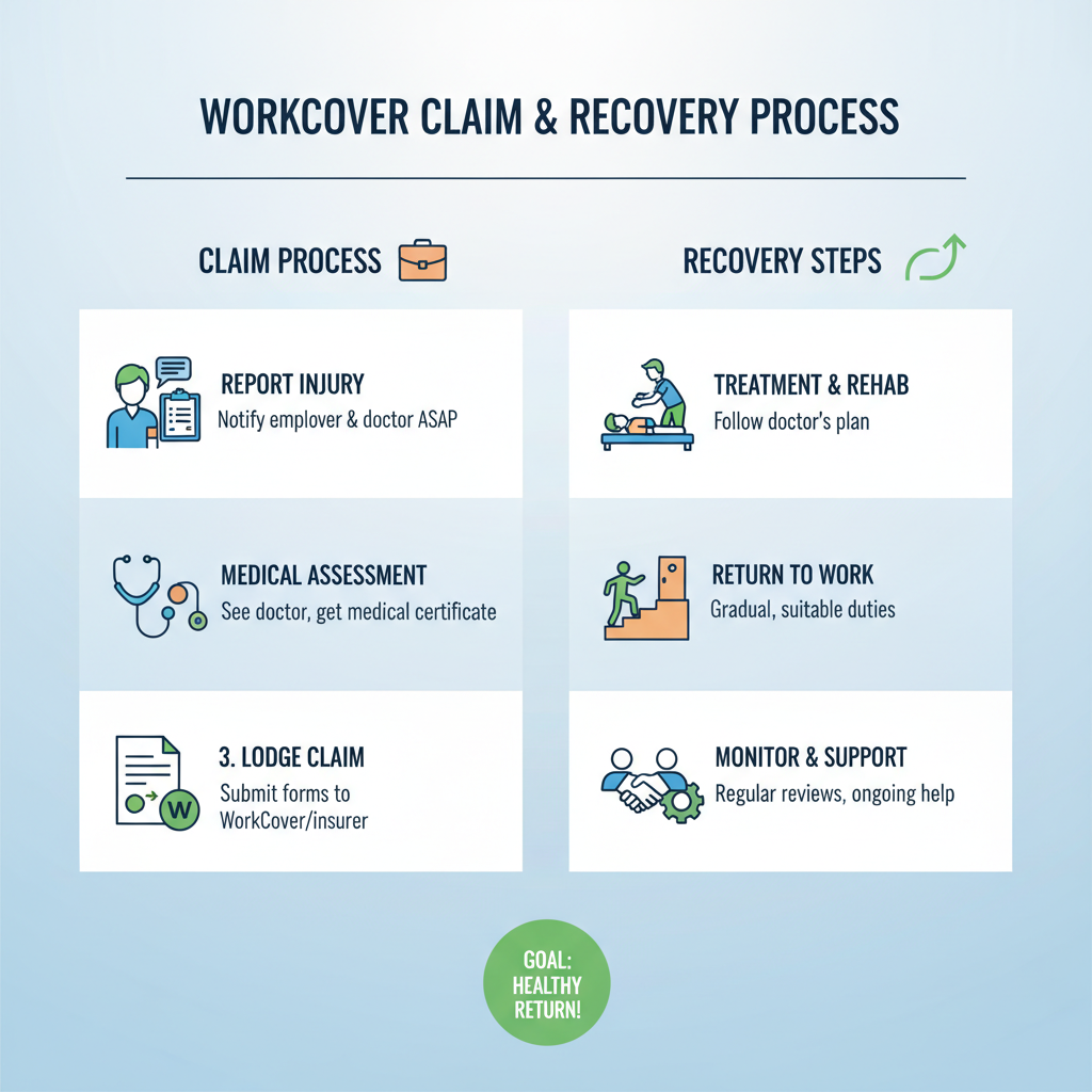 Infographic illustrating the WorkCover insurance claim process with simple icons and numbered steps on a white background