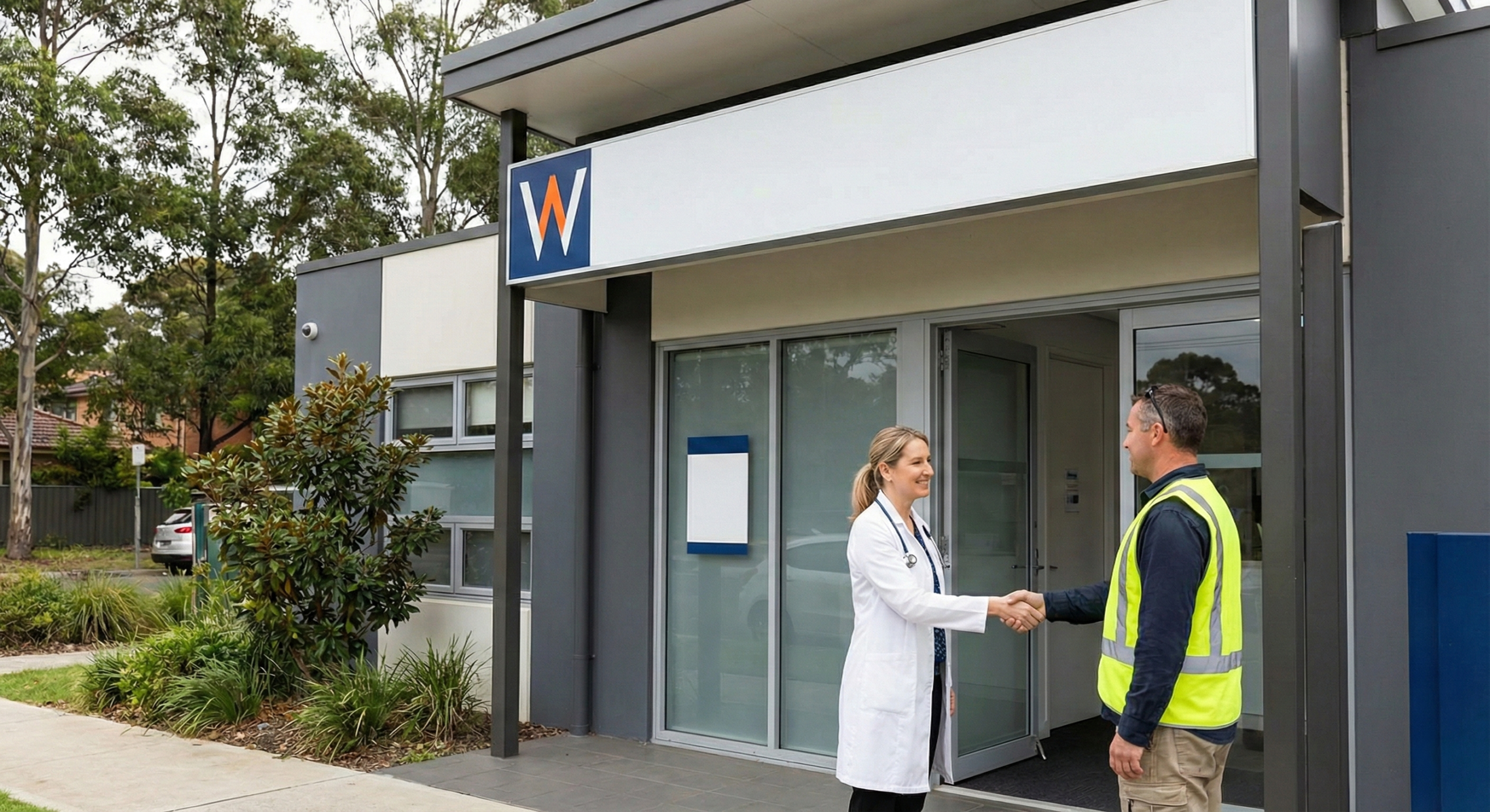 A professional female doctor in a white coat shaking hands with a worker wearing a high-visibility safety vest outside the Workcover.Hills Doctor clinic in North Kellyville, representing expert workers compensation medical support and injury management in the Hills District