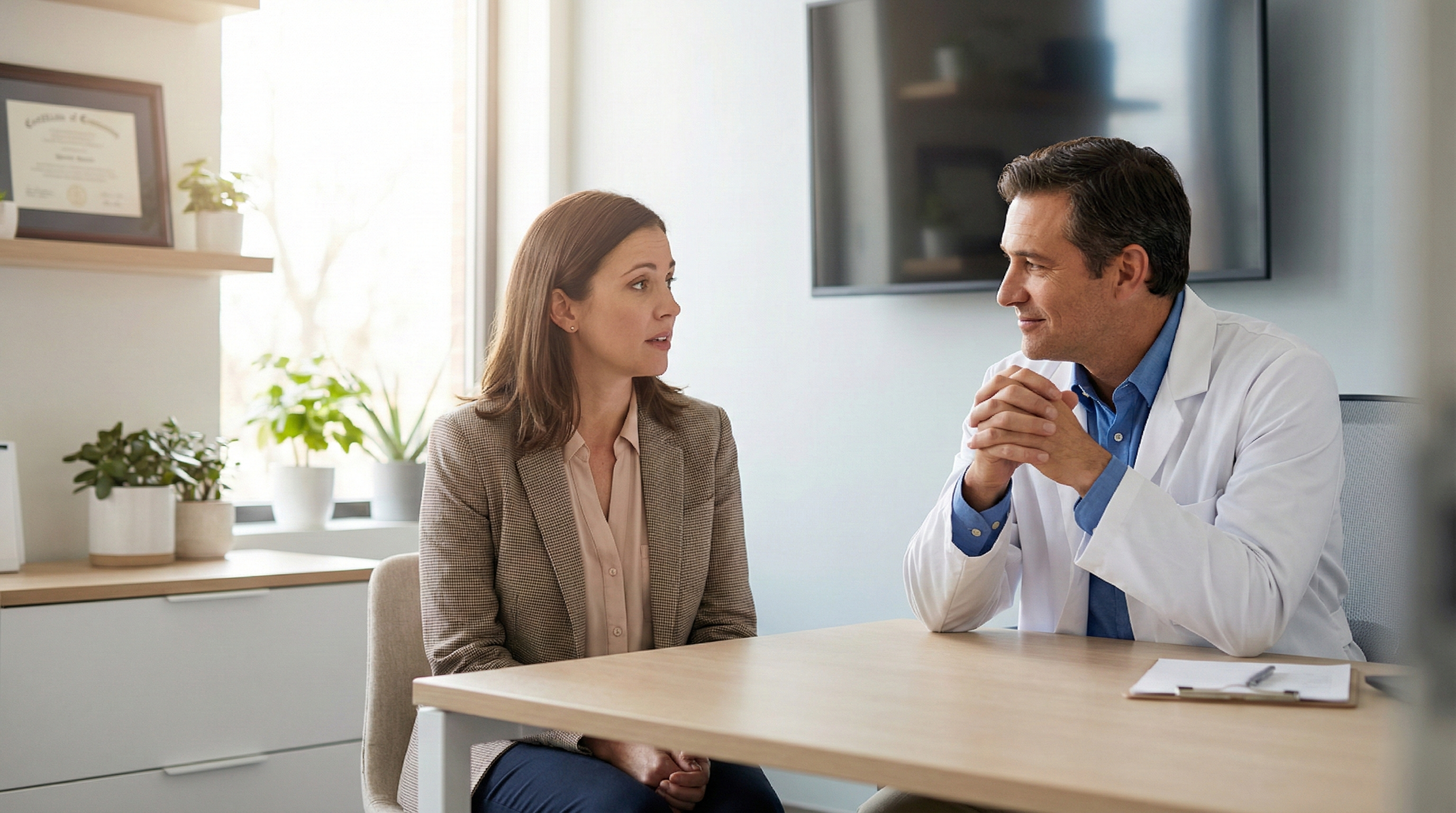 Doctor consulting a patient regarding a WorkCover stress leave claim.