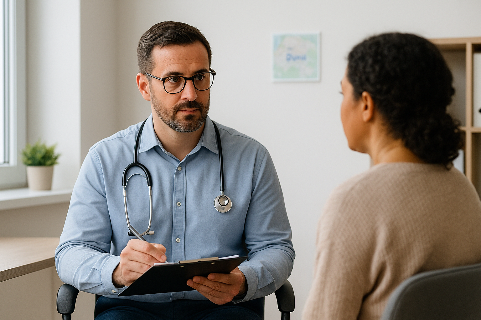 A workers compensation doctor consulting a patient in a Dural clinic, providing assessment and claim support under soft natural light.