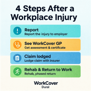 4 steps after a workplace injury report to employer, see a WorkCover GP, lodge the claim, then rehab and return to work.