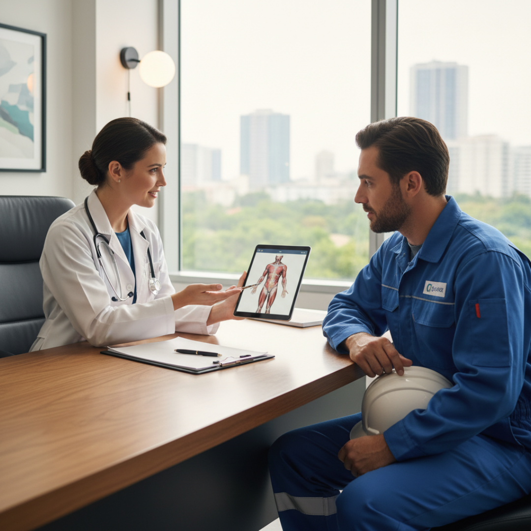 A professional workers doctor in a modern clinic explaining an injury report to a uniformed worker, emphasizing open communication and workplace recovery.