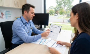 A WorkCover doctor in a clinic explaining the SIRA Certificate of Capacity to a patient as part of the medical evidence for a personal injury claim NSW.