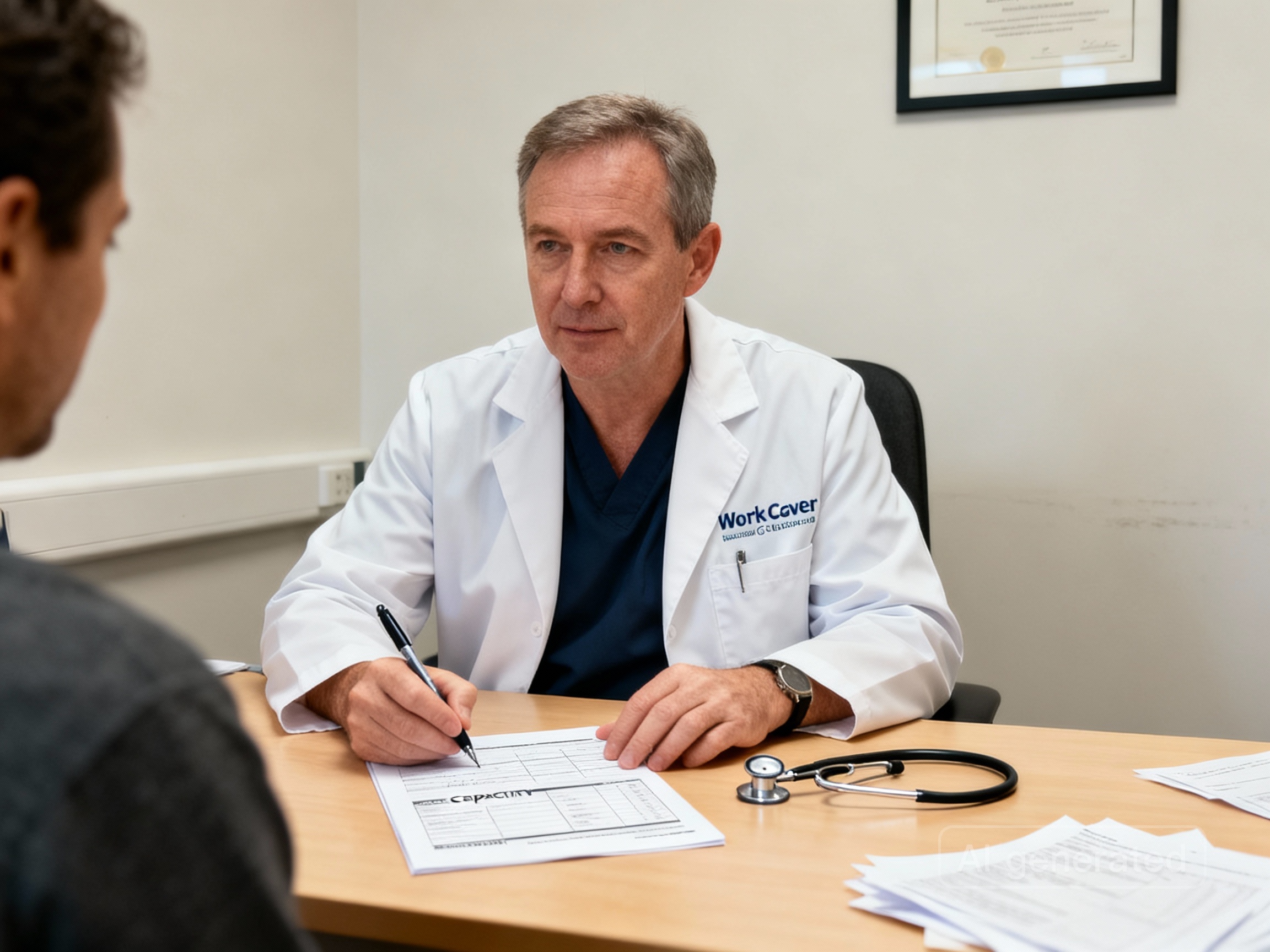 A WorkCover doctor discusses a personal injury claim in NSW with a patient, highlighting the importance of medical evidence and support.