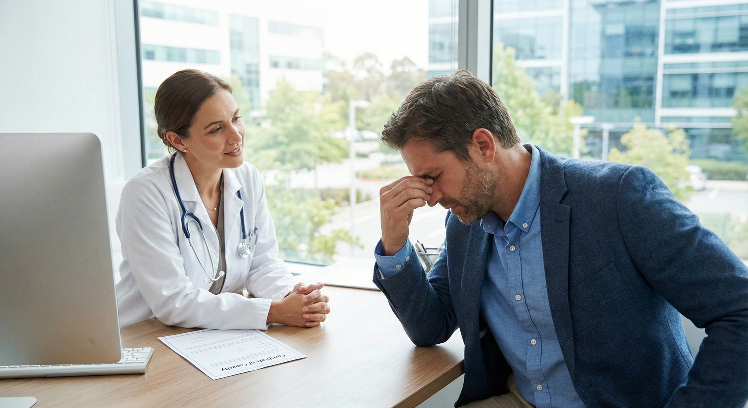 Professional medical consultation for a workcover claim for stress, showing a doctor supporting an injured worker in the Hills District.