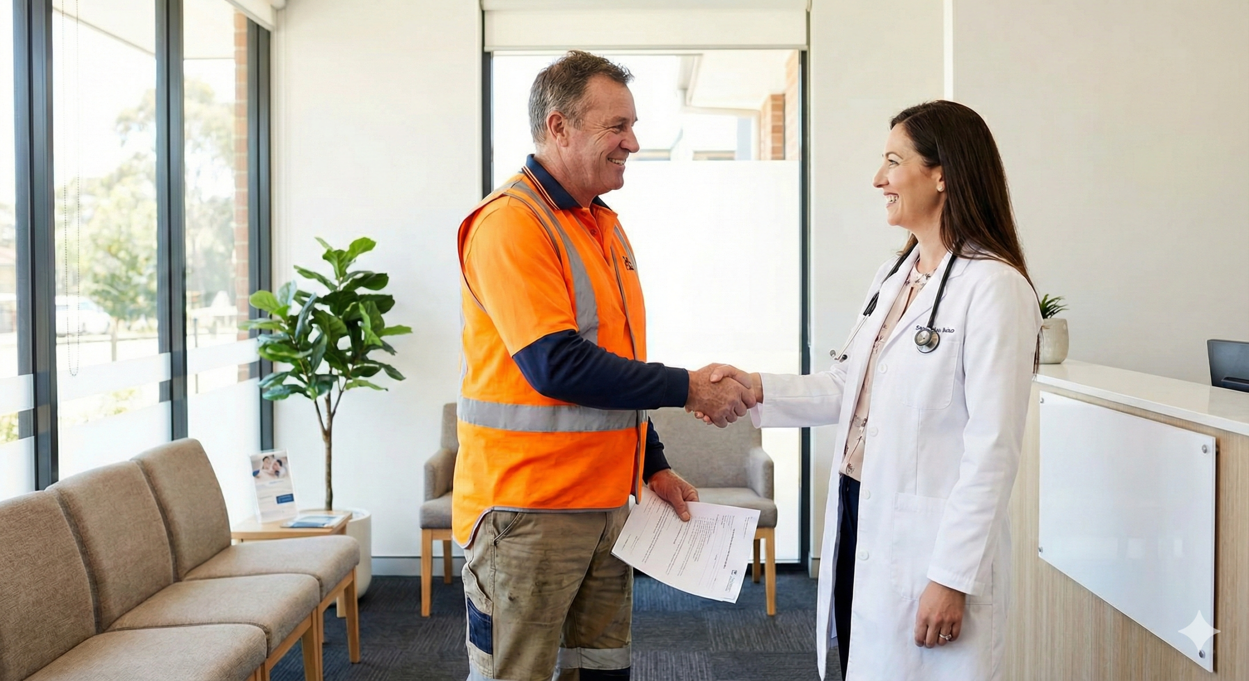 Worker in high-vis vest shaking hands with a doctor after receiving his fit to work certificate at WorkCover Hills Doctor in Bella Vista.
