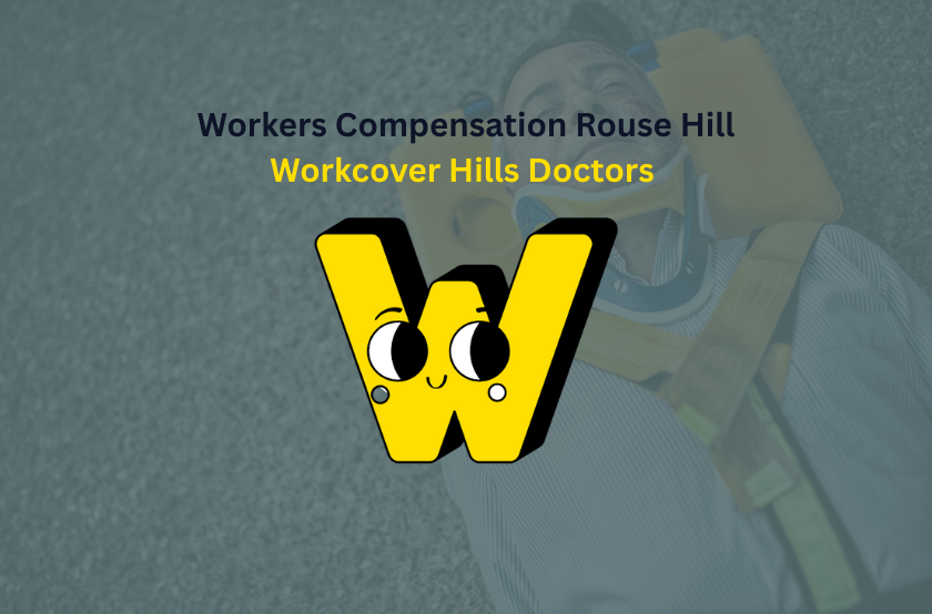 Workers Compensation Rouse Hill feature image showing an injured worker receiving emergency care, with the WorkCover Hills Doctors logo displayed prominently in the centre.